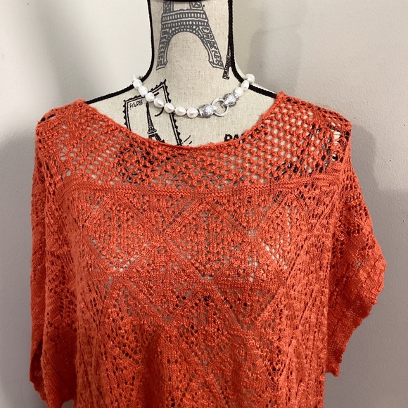 Dressbarn Women’s Orange Bohemian Open Knit Short Sleeves Sweater Top Fringes - Picture 2 of 3